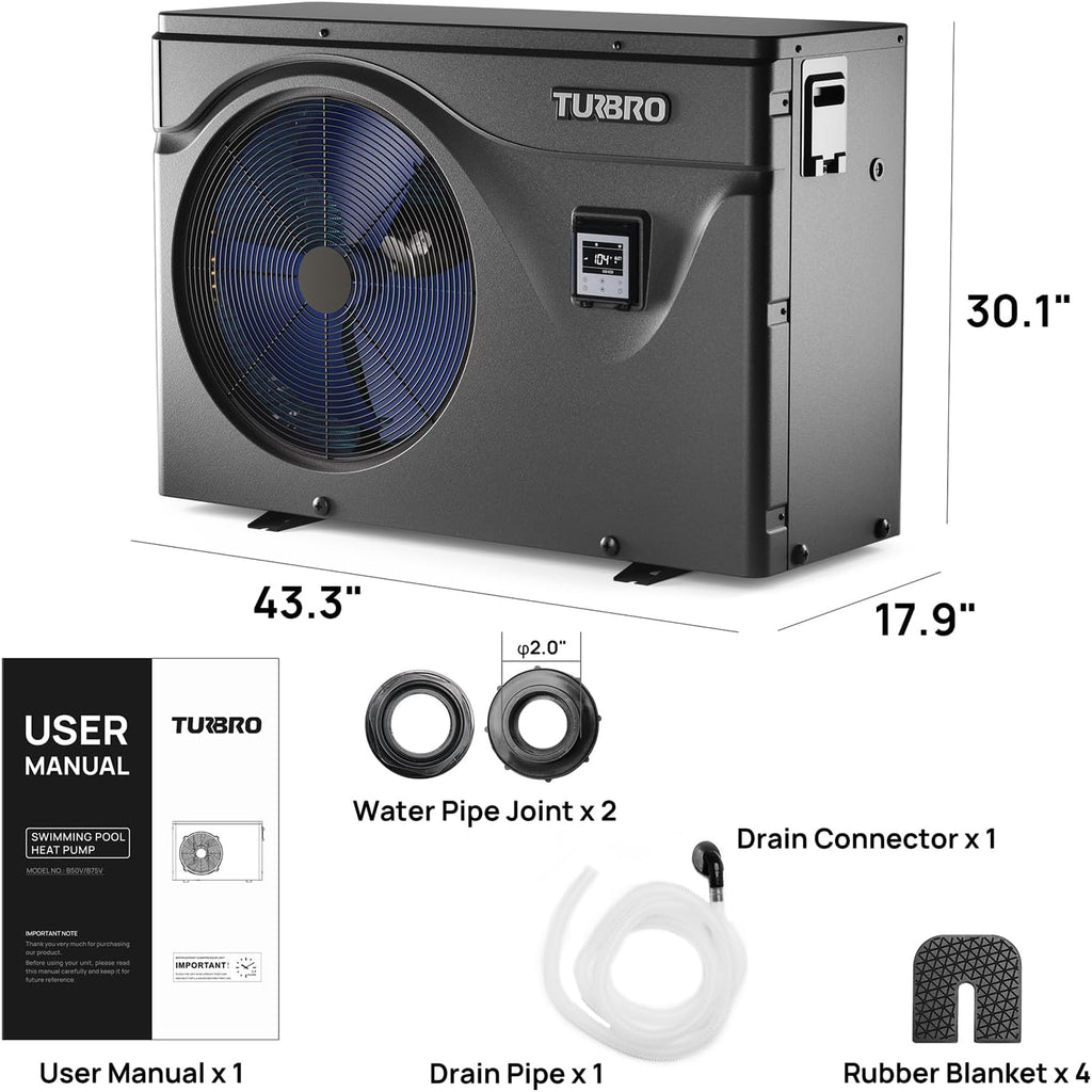 TURBRO 75,000 BTU Swimming Pool Heat Pump, Up to 21,000 Gallons, Inverter Electric Pool Heater for in and Above-Ground Pools, WiFi Enabled, 16.20 COP, 220-240 V, IPX4-Waterproof, Beluga B75V