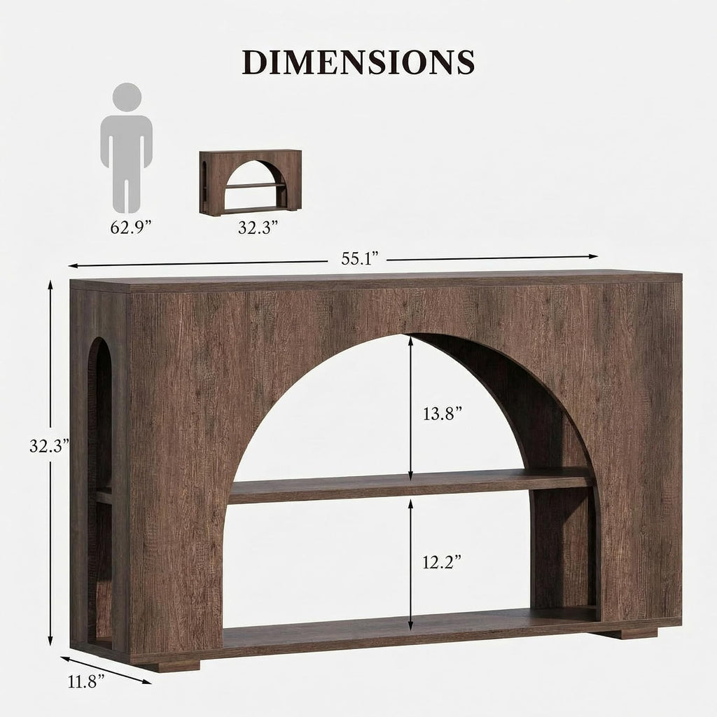 55' Arched Console Table with 3-Tier Storage, Farmhouse Wooden Sofa Table Behind Couch, Narrow Long Entryway Table for Entrance, Hallway, Living Room, Brown Oak