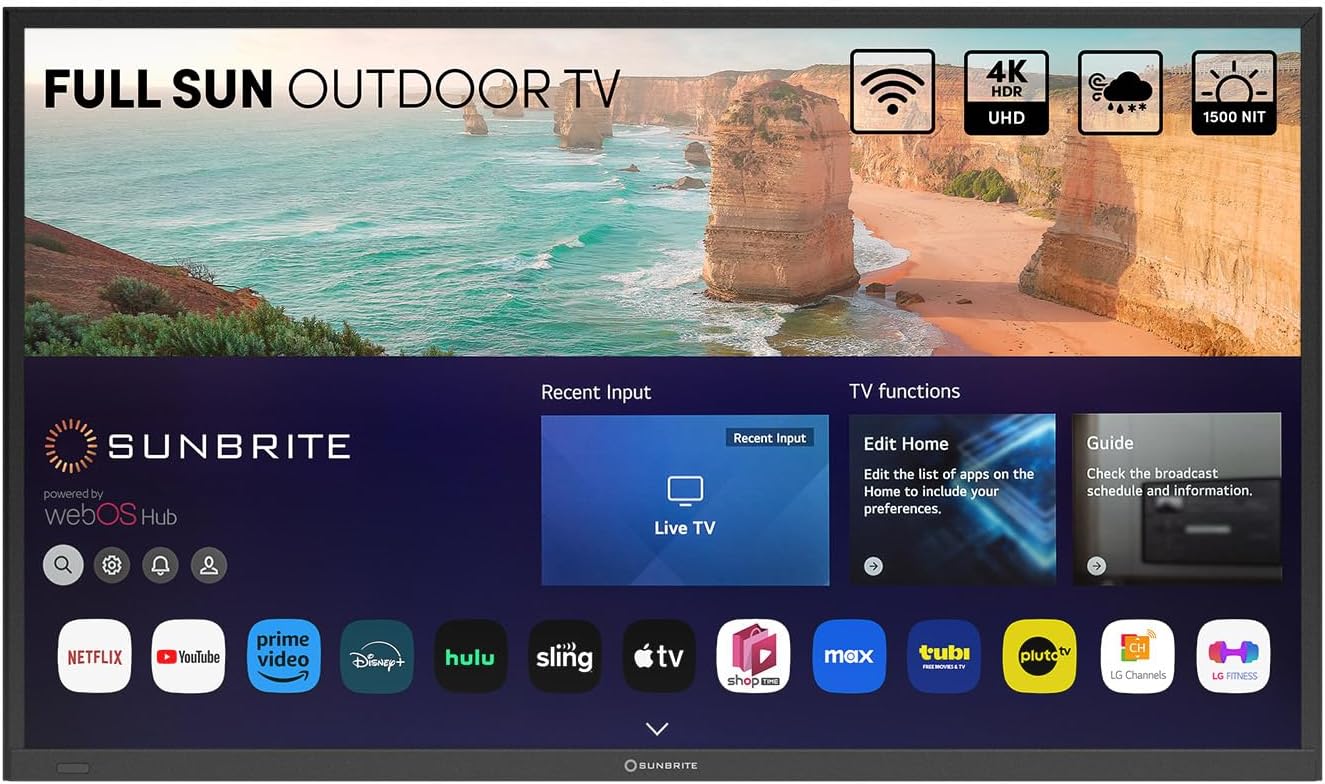 SunBrite 49' Solis Smart Outdoor Television, Full-Sun 4K TV, 1500-Nit Brightness, Anti-Glare Screen, IP55 Weatherproof, Wi-Fi Bluetooth, Integrated Speakers SB-FS-49-BL