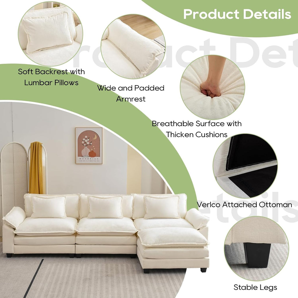 Oprisen 120' Modular Sectional Sofa, Comfy Cloud Couch Sectional Sofa with Ottoman, Chenille Sofa Sleeper Deep Seat Sofa with Throw Pillows for Living Room (Beige White, 120'- L Shape)