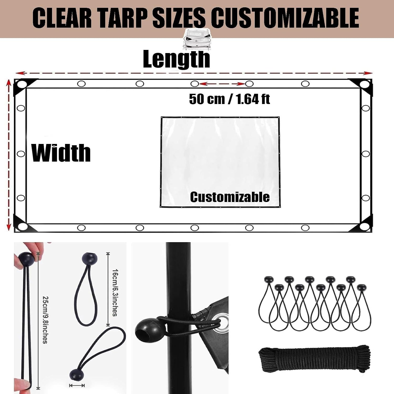 Greenhouse Plastic Sheeting 16 Mil Clear Tarps Heavy Duty Waterproof PVC Enclosure Tarpaulin with Grommets for Outdoor Porch Patio Furniture Window Cover 3x6 8x10 10x12 20x30 30x60ft(14x14FT)