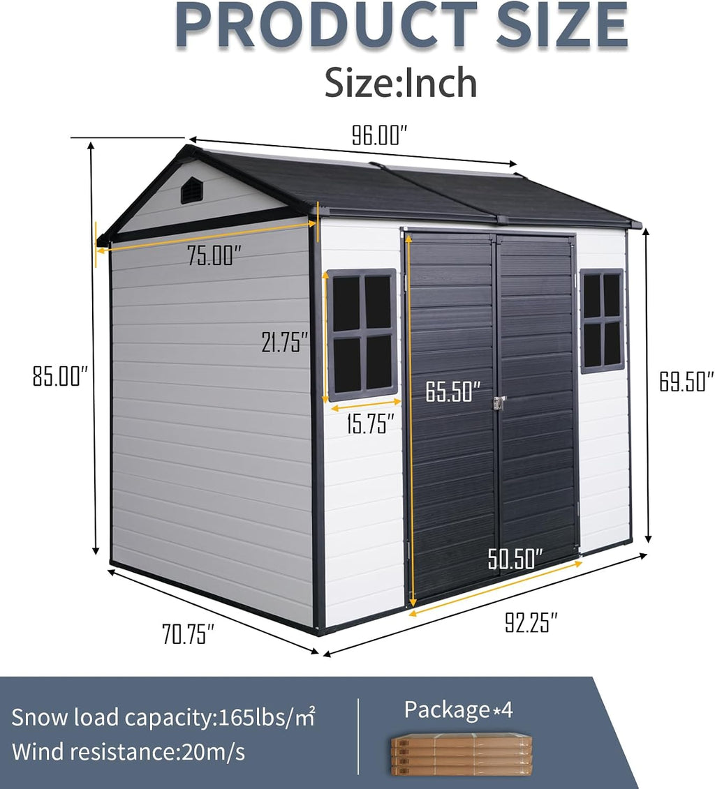 8x6FT Storage-Shed Outdoor-Resin with-Floor - Tool Shed Waterproof with Lockable Door 2 Windows for Backyard Garden Patio Lawn