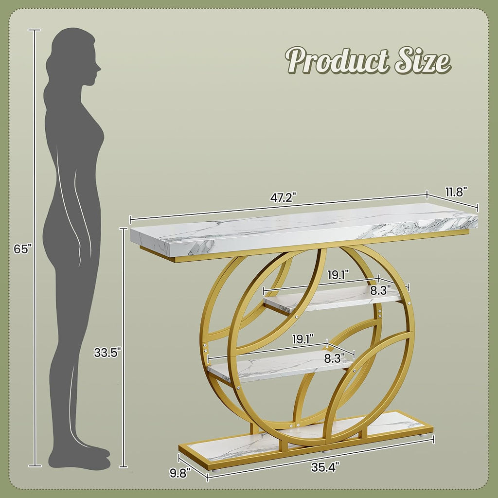Huuger 47.2 Inch Entryway Table with Marble Top, Modern Console Sofa Table, Accent Table with Shelves, for Entry, Hallway, Entrance, Foyer, O-Shaped Metal Frame, White Marble & Gold