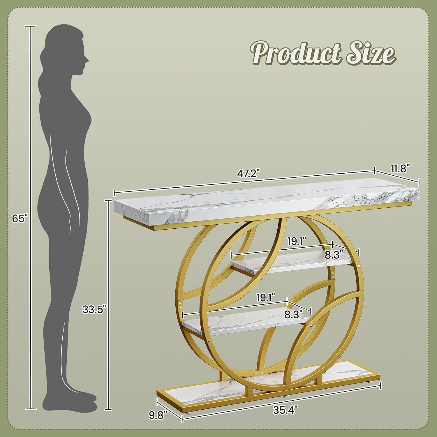 Huuger 47.2 Inch Entryway Table with Marble Top, Modern Console Sofa Table, Accent Table with Shelves, for Entry, Hallway, Entrance, Foyer, O-Shaped Metal Frame, White Marble & Gold