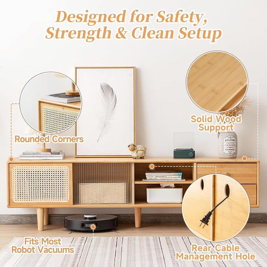 Tiita Rattan TV Stand for 55 60 Inch TV, Bamboo TV Cabinet with 2 Drawers, Boho Entertainment Center with Adjustable Shelf, Mid Century Modern Media Console for Bedroom, Living Room, Study