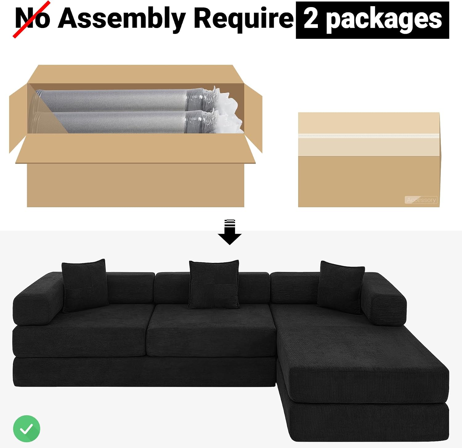 ivoros 108' Oversized Convertible Sleeper Sofa Bed, Corduroy L Shape Sectional Couch, Folding Sofa Bed with Fixed-Shape Frame, Modern Cloud Floor Mattress Couch, Modular Sofa for Living Room, Black