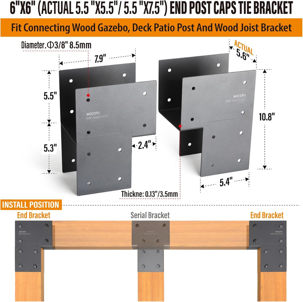 2 Pack Heavy Duty 6x6 (Actual 5.5'x5.5') Stainless Steel End Post Caps Tie Bracket , Fit Connecting Wood Gazebo, Deck Patio Post and Wood Beams Bracket (Dark Ggray)