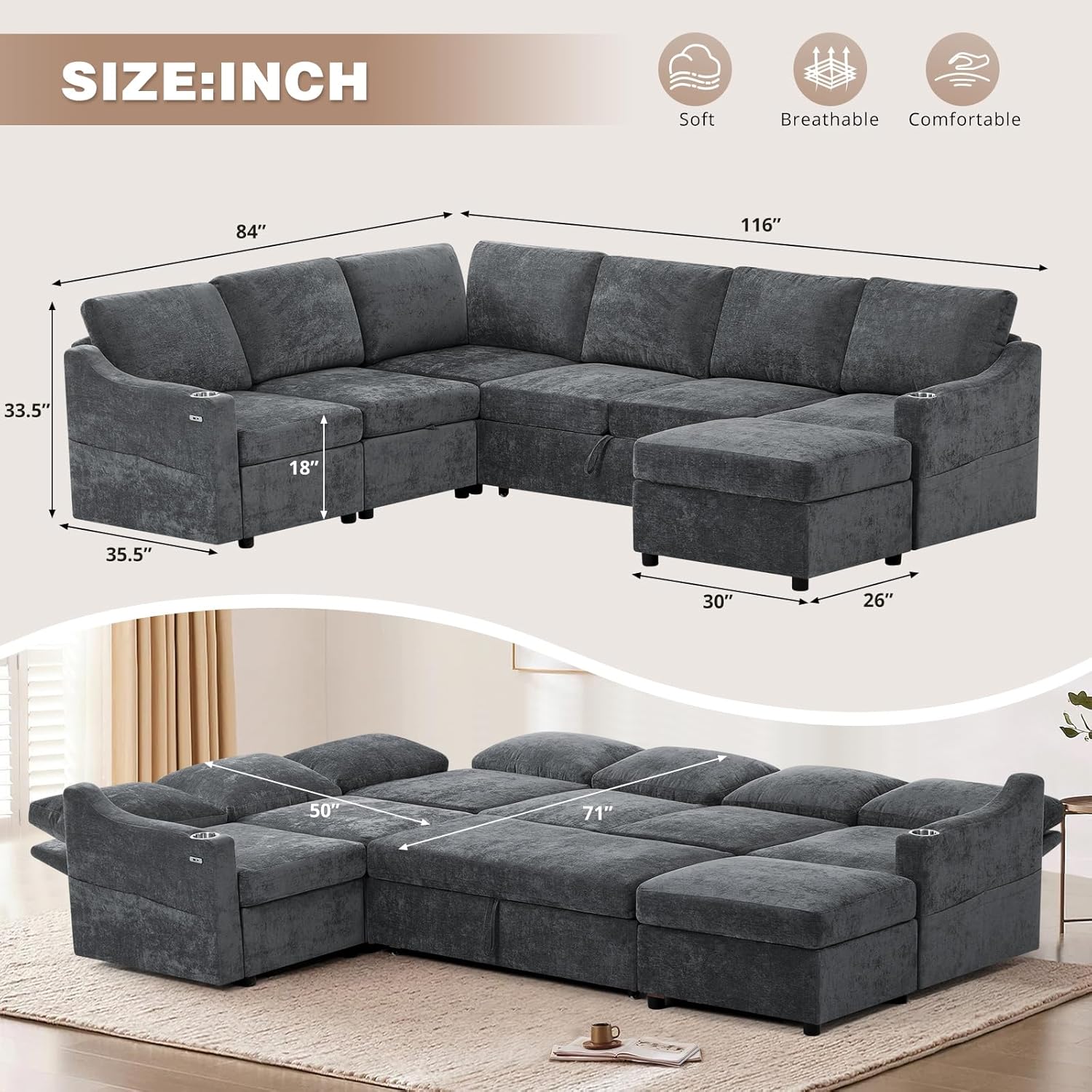 116' Chenille Modular Sofa Bed w/Adjustable Backrests, U-Shape Sleeper Sofa w/USB Ports & Storage Space, Convertible Corner Sectional Couch w/Pull Out Bed for House, Living Room, Grey