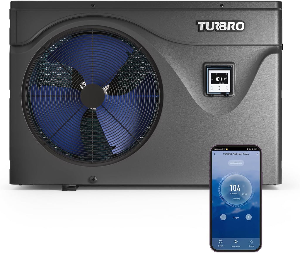 TURBRO 75,000 BTU Swimming Pool Heat Pump, Up to 21,000 Gallons, Inverter Electric Pool Heater for in and Above-Ground Pools, WiFi Enabled, 16.20 COP, 220-240 V, IPX4-Waterproof, Beluga B75V