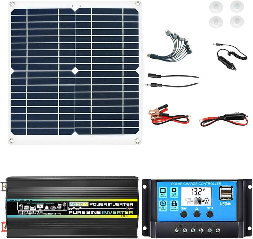 3000W/4000W 12V to 110V/220V Complete Inverter Solar Panel Kit 50A Controller + 50W12V Solar Panel Solar System Kit Home Grid System Solar Generator(800W,12V-110V)