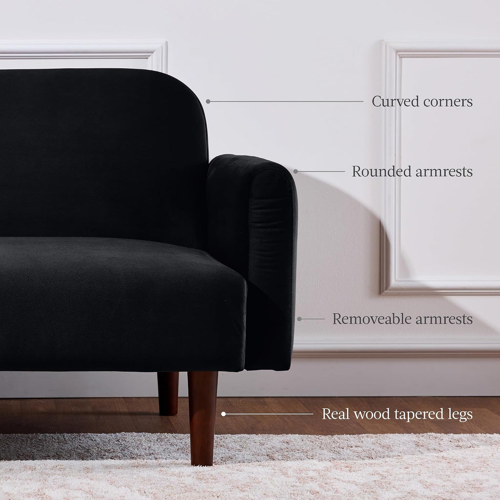 Best Choice Products 77' Mid Century Modern Velvet Loveseat Sofa, Couch, Convertible Sofa Sleeper Bed w/Real Wood, Removable Armrest - Onyx Black
