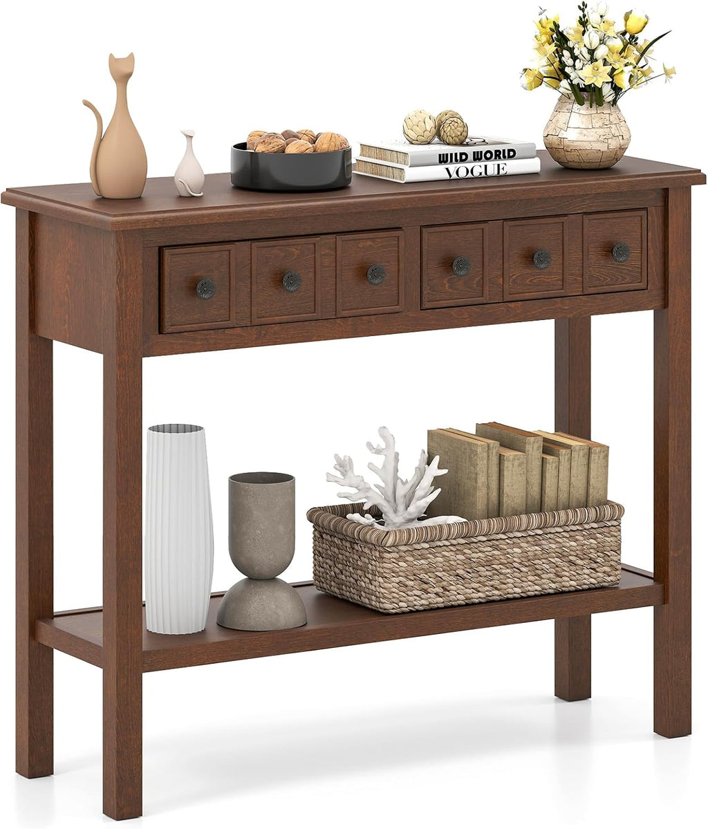 Giantex 2-Tier Narrow Console Table, 38' Retro Entryway Table with 2 Drawers and Open Storage Shelf, Wood Accent Sofa Tables for Living Room, Foyer, Hallway, Bedroom, Entrance