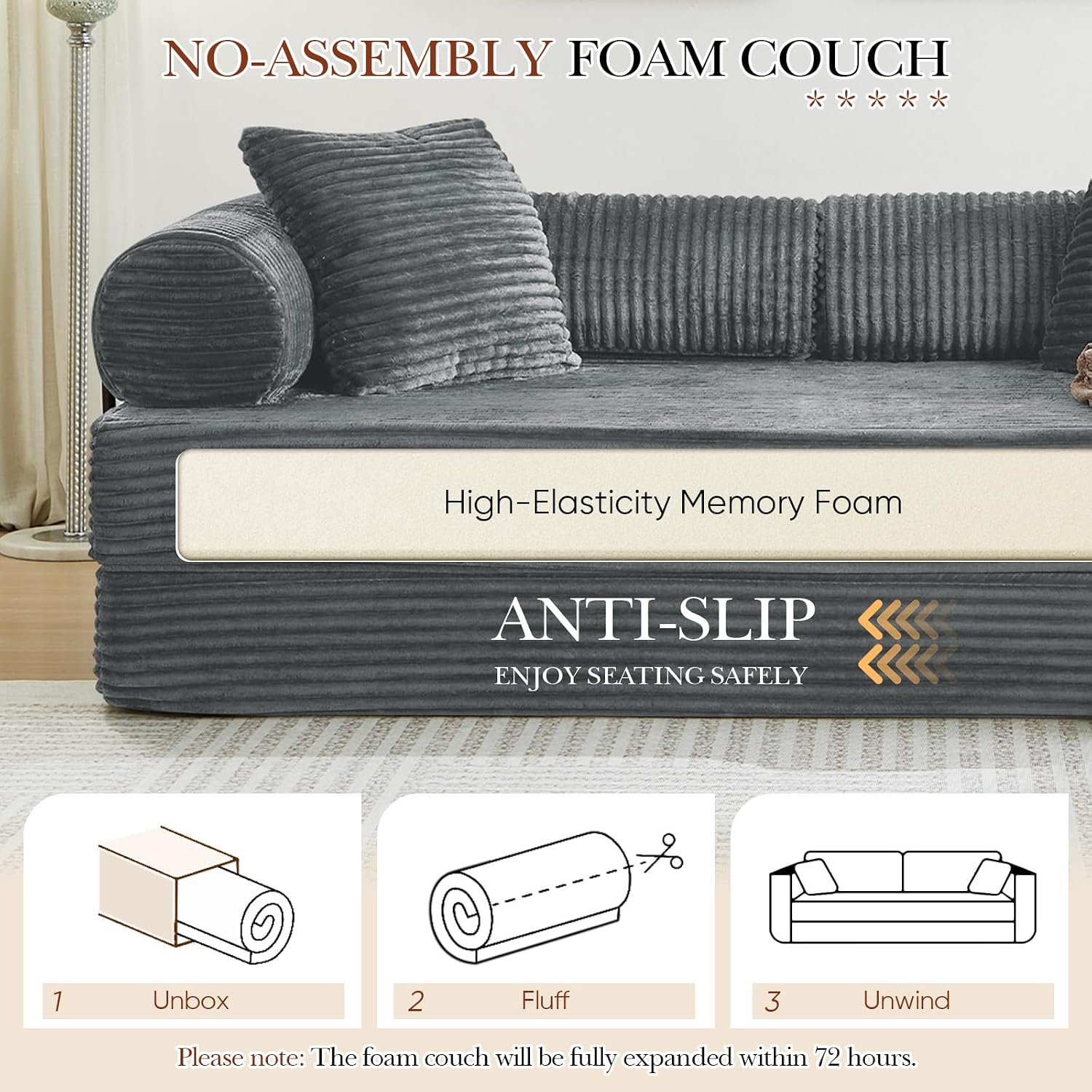 Antetek Modular Couch Bed, Convertible Folding Plush Corduroy Comfy Floor Compression Loveseat Sleeper Sofa Couch, King Size Bed for Guest Room Living Room Bedroom, No Assembly Required, Light Grey