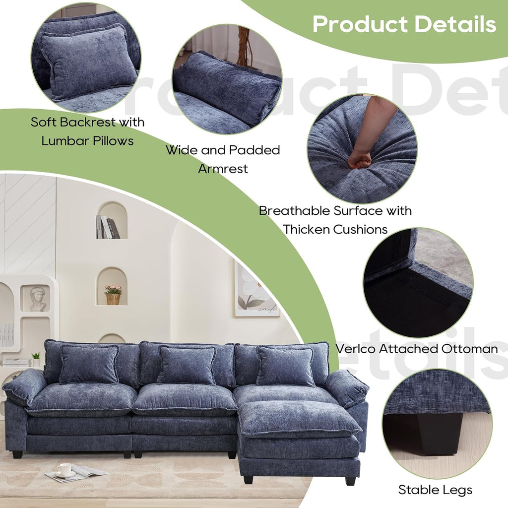 Oprisen 120' Modular Sectional Sofa, Comfy Cloud Couch Sectional Sofa with Ottoman, Chenille Sofa Sleeper Deep Seat Sofa with Throw Pillows for Living Room (Blue, 120'- L Shape)