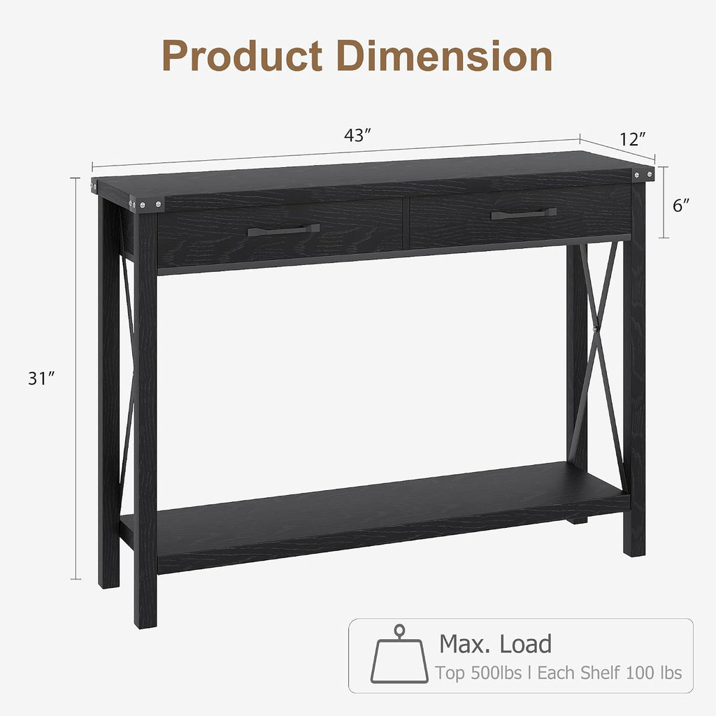 IDEALHOUSE Console Table with 2 Drawers, Farmhouse Sofa Table with Storage Shelf, Accent Wood Entryway Table for Living Room, Hallway, Foyer-Black, 43D x 12W x 30H in (WCT001)