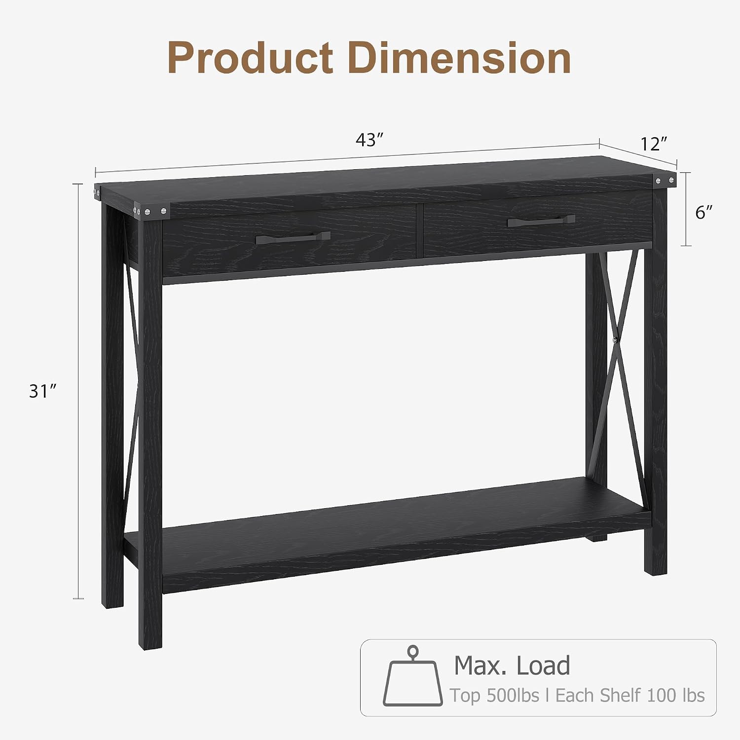 IDEALHOUSE Console Table with 2 Drawers, Farmhouse Sofa Table with Storage Shelf, Accent Wood Entryway Table for Living Room, Hallway, Foyer-Black, 43D x 12W x 30H in (WCT001)