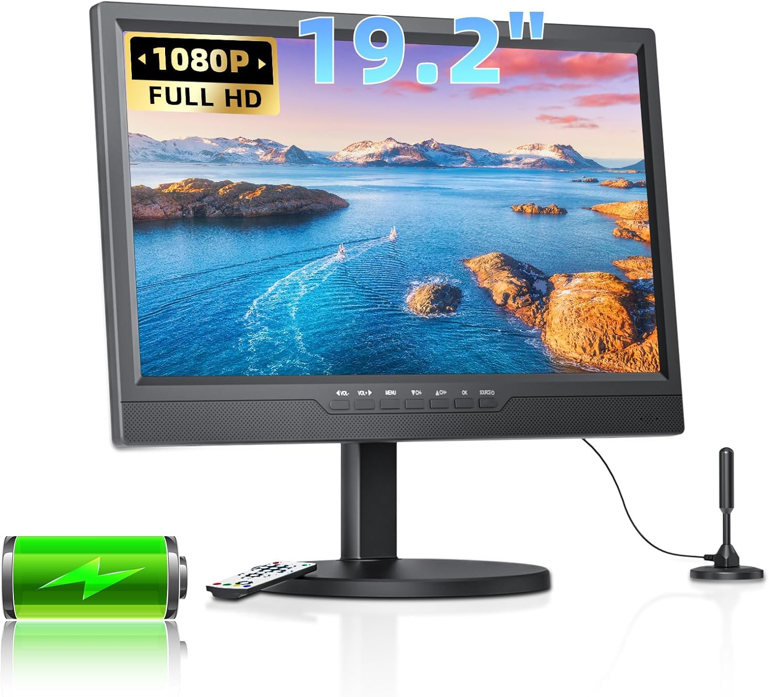 Desobry 19.2' Portable TV for Camping, Built-in 8000mAh Battery Powered TV Portable for Power Outages, Battery Operated TVs 1080P HDMI Input, AV Input, USB, for Kitchen Bedroom Camping Patio RV