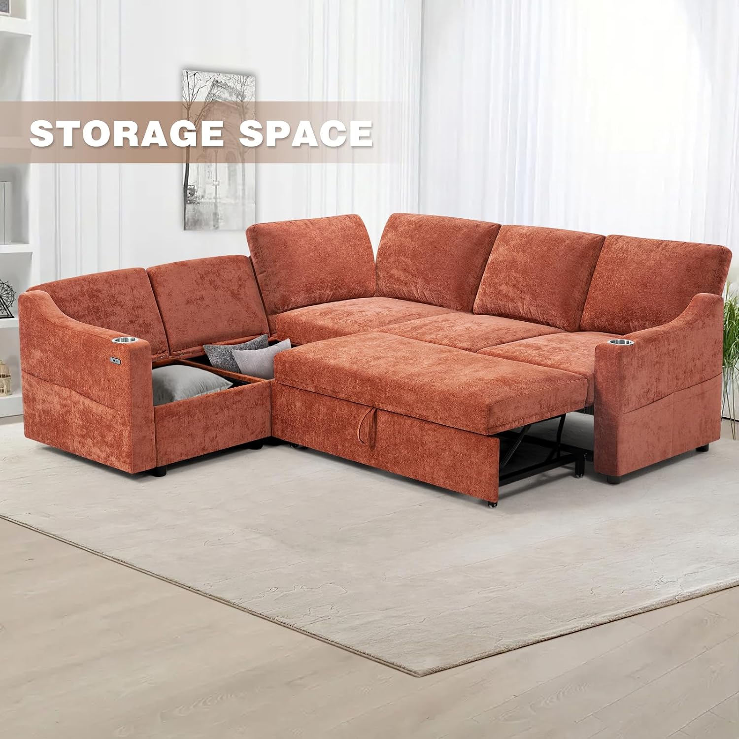 84' L-Shape Sectional Sofa Bed w/Adjustable Backrests, Chenille L-Shape Upholstered Pull Out Sofa Bed w/USB Ports, Convertible Corner Sleeper Couch w/Storage Space for Living Room, Orange