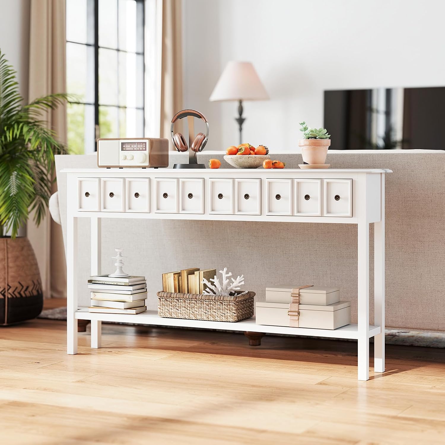 Giantex 60' Entryway Table, Long Narrow Console Table with 4 Drawers and Open Storage Shelf, Modern Slim Entry Tables, Farmhouse Wooden Sofa Tables with Anti-Tip Kit for Living Room, Hallway (White)