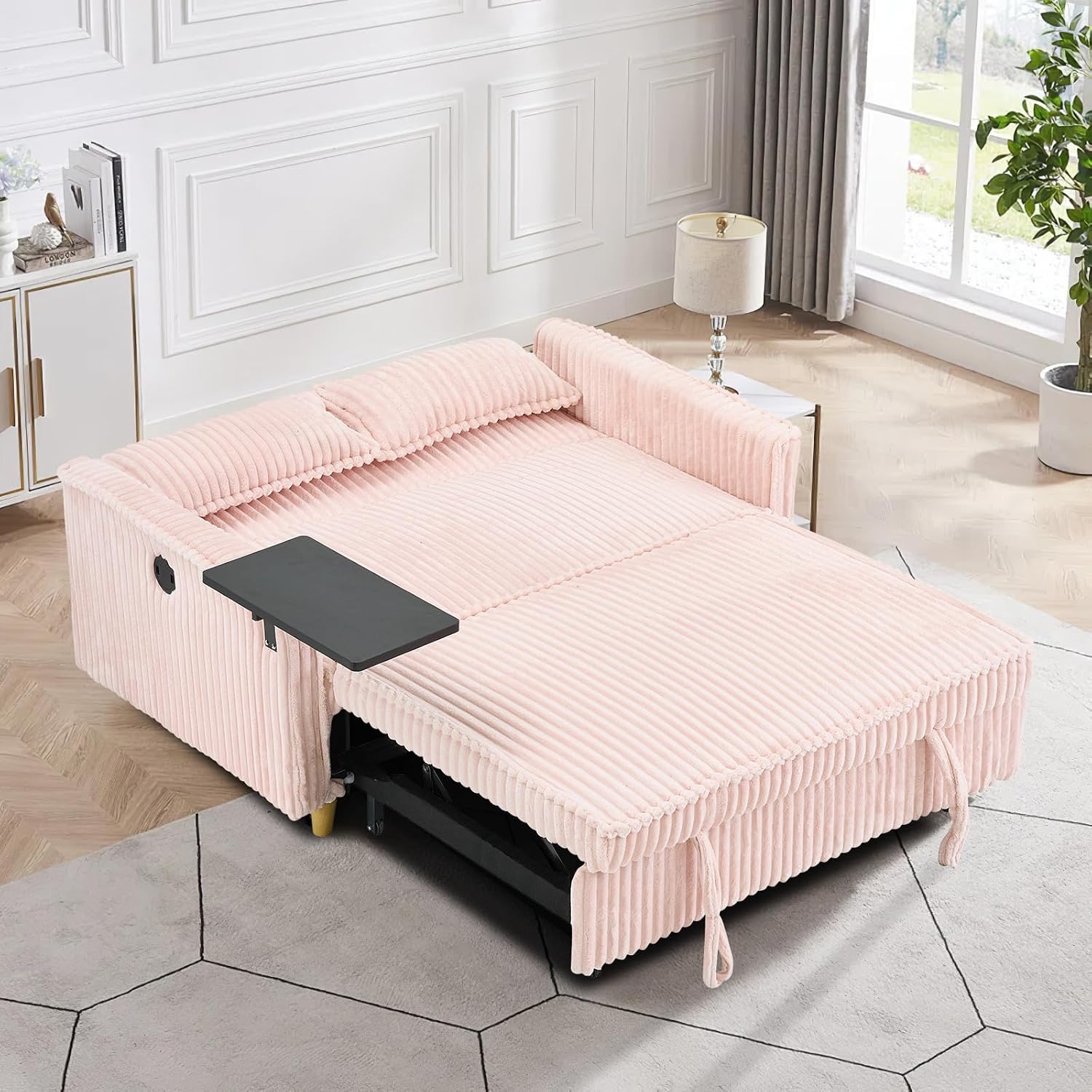 54'W Convertible Sleeper Sofa Bed,3-In-1 Corduroy Pull Out Couch Bed,Futon Loveseat Sleeper Couch with Adjustable Backrest & USB Ports & Side Table,Recliner for Living Room/Office/Small Space(Pink)