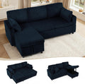 84' Corduroy Pull Out Sofa Bed w/Adjustable Backrests, Sectional L-Shape Sleeper Sofa w/Storage Chaise, Convertible Couch Bed w/USB Charging Port & Cup Holders for Living Room, House, Blue
