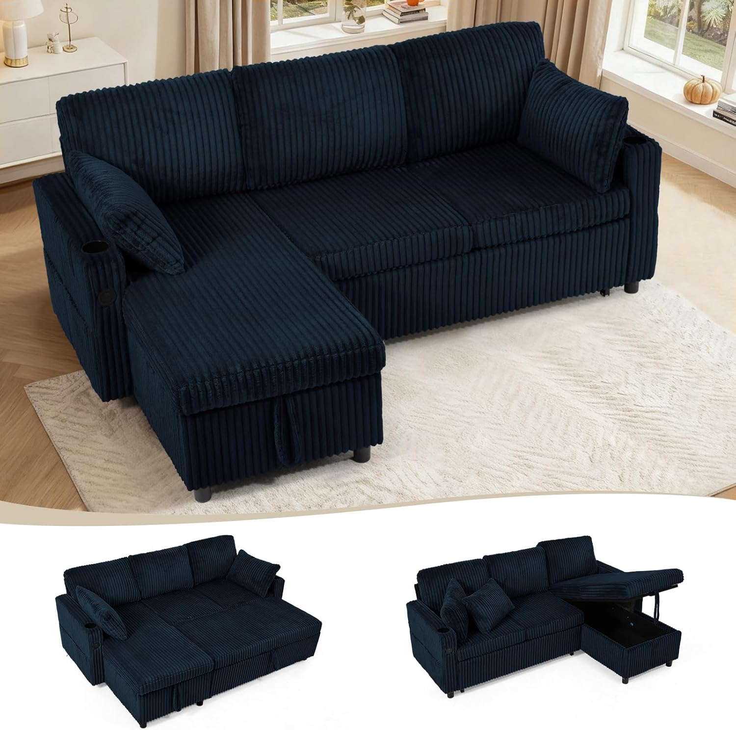 84' Corduroy Pull Out Sofa Bed w/Adjustable Backrests, Sectional L-Shape Sleeper Sofa w/Storage Chaise, Convertible Couch Bed w/USB Charging Port & Cup Holders for Living Room, House, Blue