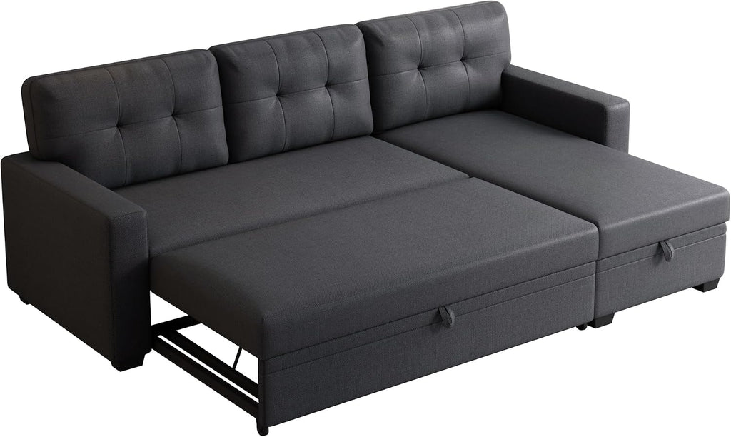82' L-Shape Convertible Sleeper Sectional Sofa with Storage Chaise and Pull-Out Bed,Upholstered Reversible Corner 3 Seater Couch with Button Tufted Backrest & Armrest,for Living Room,Dark Gray
