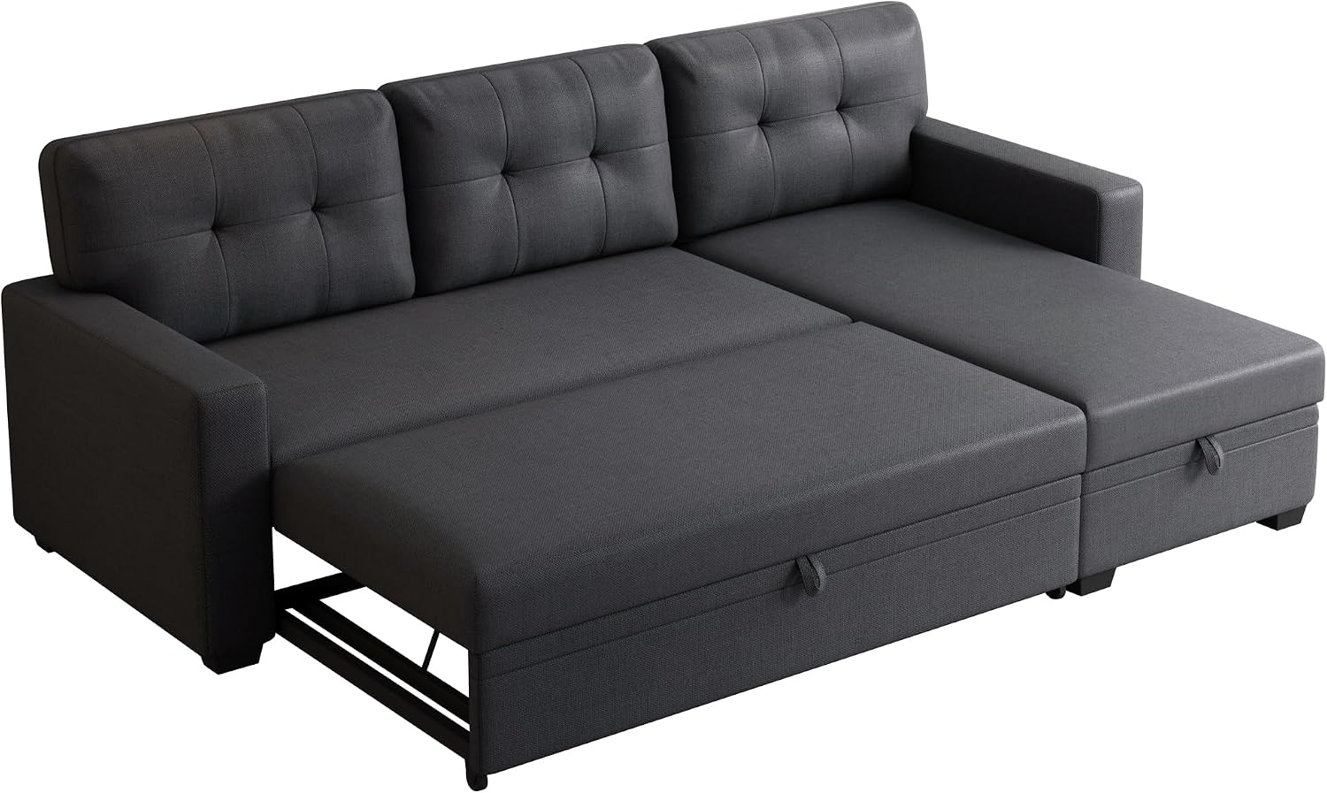 82' L-Shape Convertible Sleeper Sectional Sofa with Storage Chaise and Pull-Out Bed,Upholstered Reversible Corner 3 Seater Couch with Button Tufted Backrest & Armrest,for Living Room,Dark Gray