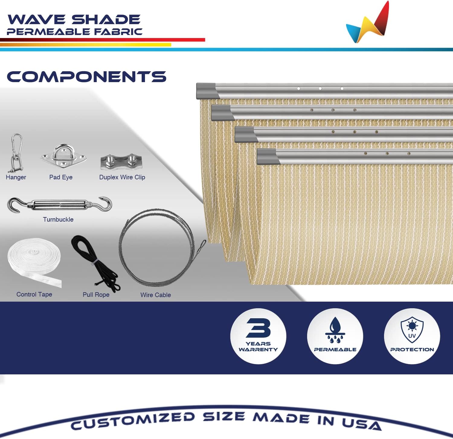Windscreen4less 3' x 8' Retractable Sun Shade Canopy Cover Sliding Wave Shade Sail for Pergola Patio Deck Yard Gazebo Outdoor (Beige)