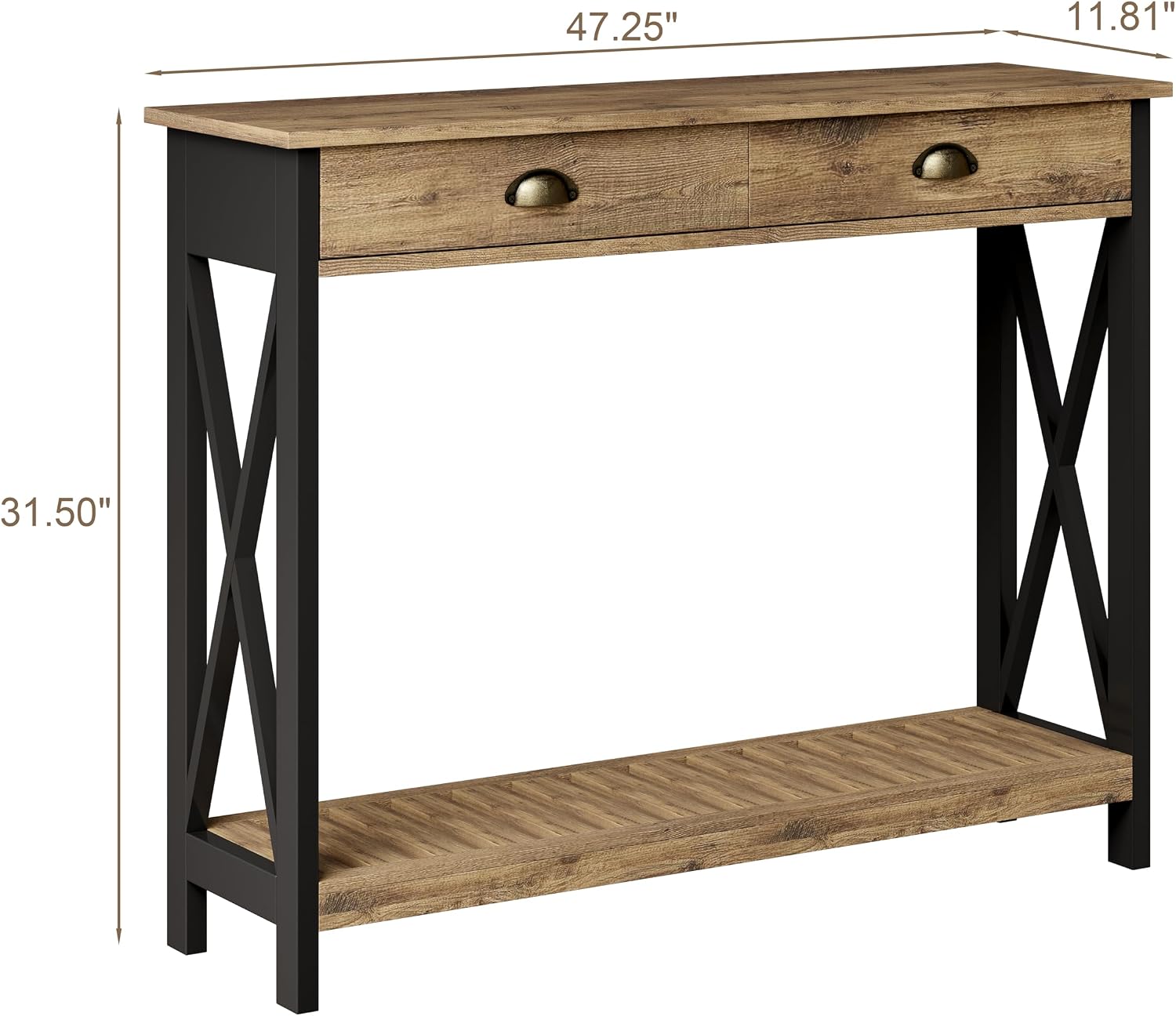 ChooChoo 47' Farmhouse Console Table with Drawer for Entryway, Narrow Long Entry Table with Shelf for Living Room, Rustic Vintage Hallway Sofa Table with Stable X Supports, Rustic Oak & Black