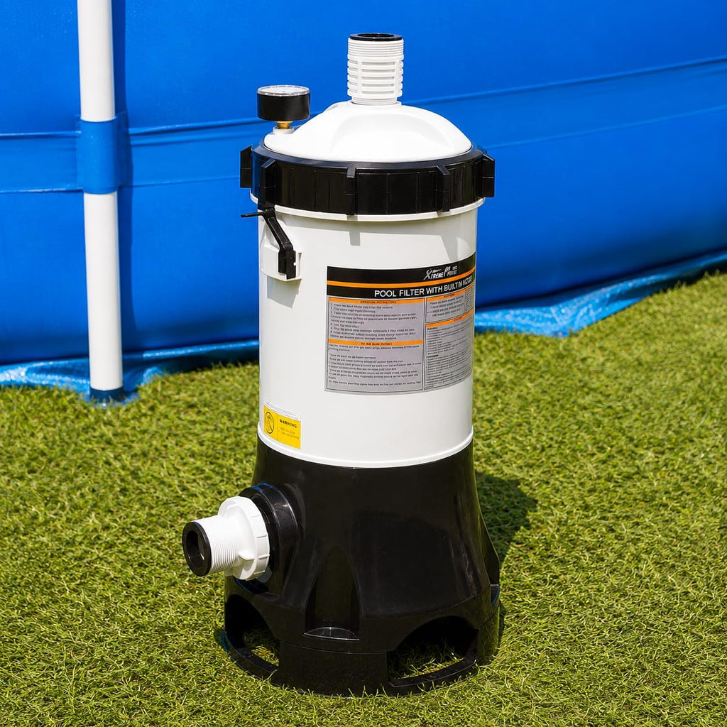 XtremepowerUS Pool Cartridge Filter System Built-in Pump 1.5' Fitting 1,500 GPH for Above Ground Swimming Pool Pressure Gauge Pool Filter Filtration System -Improved Water Clean & Clarity