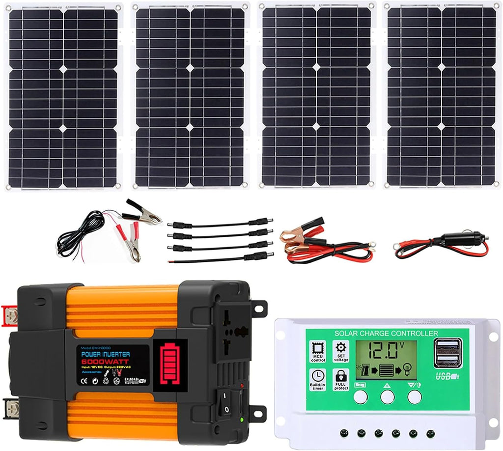 4000W 6000W Complete Solar Inverter Kit 12V to 110V 220V with 50A Controller and 100W Solar Panel for Home and Outdoor Power System(6000W,12V-220V)
