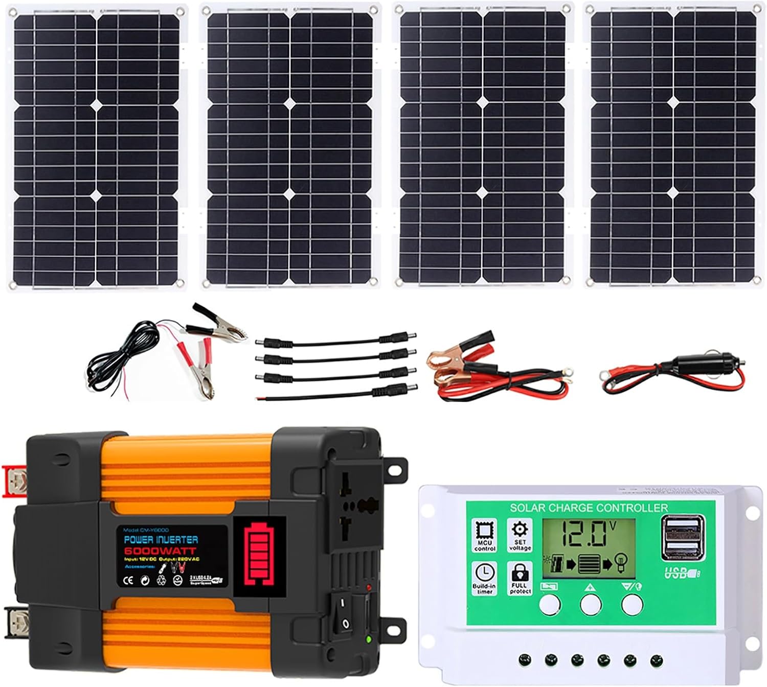 4000W 6000W Complete Solar Inverter Kit 12V to 110V 220V with 50A Controller and 100W Solar Panel for Home and Outdoor Power System(6000W,12V-110V)