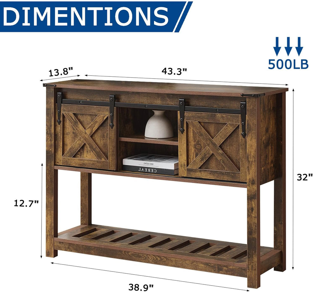 Brown Farmhouse Entryway Table, Rustic Hallway Table with Storage Shelf, Sofa Table with Sliding Barn Doors for Hallway, Entryway, Living Room, Foyer