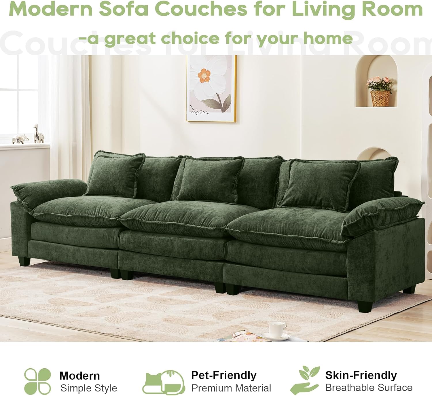Oprisen 120' Modular Sectional Sofa, Comfy Cloud Couch Sectional, Chenille Sofa Sleeper Deep Seat Sofa with Throw Pillows for Living Room (Green, 120'- 3 Seater)
