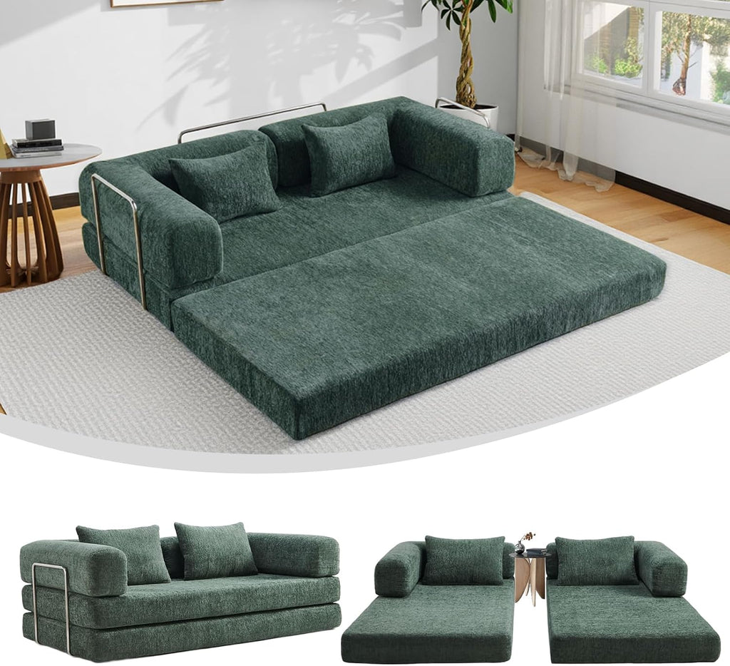 5-in-1 Convertible Folding Sofa Bed, 79' Queen Chenille Boneless Couch with Removable Armrests, No Assembly Loveseat Sleeper Sofa, Modular Futon Couch for Living Room & Bedroom (Emerald Green) | 5-in-1 Convertible