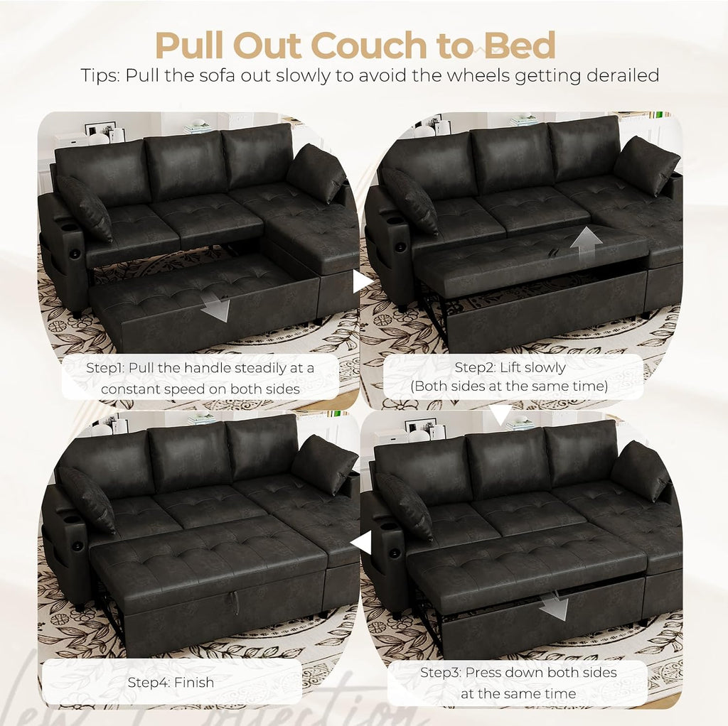 Esright Sleeper Sofa Bed, 3-in-1 Pull Out Couch with Reversible Chaise, Leather Sleeper Sofa with Storage, USB, Cup Holder, Pullout Sectional Couches for Apartment Living Room, Black | Hidden Storage Space