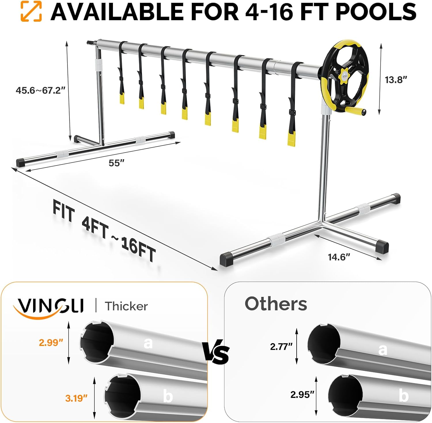 VINGLI 16 FT Pool Cover Reel, Waterproof Aluminum Pool Solar Cover Reel for 4' to 16' Width Above Ground & Inground Pools with Adjustable Height & Width