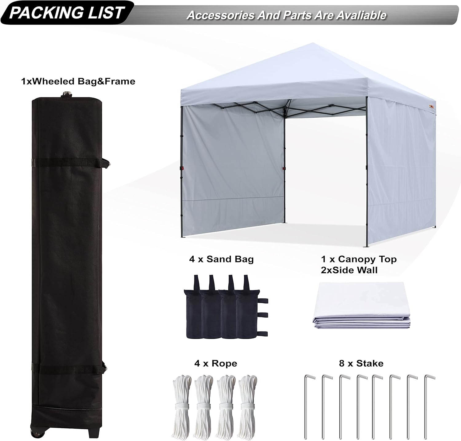 ABCCANOPY Easy Pop up Canopy Tent with 2 Sidewalls for Outdoor Sun Blocking or Rain Protection, 8x8, White