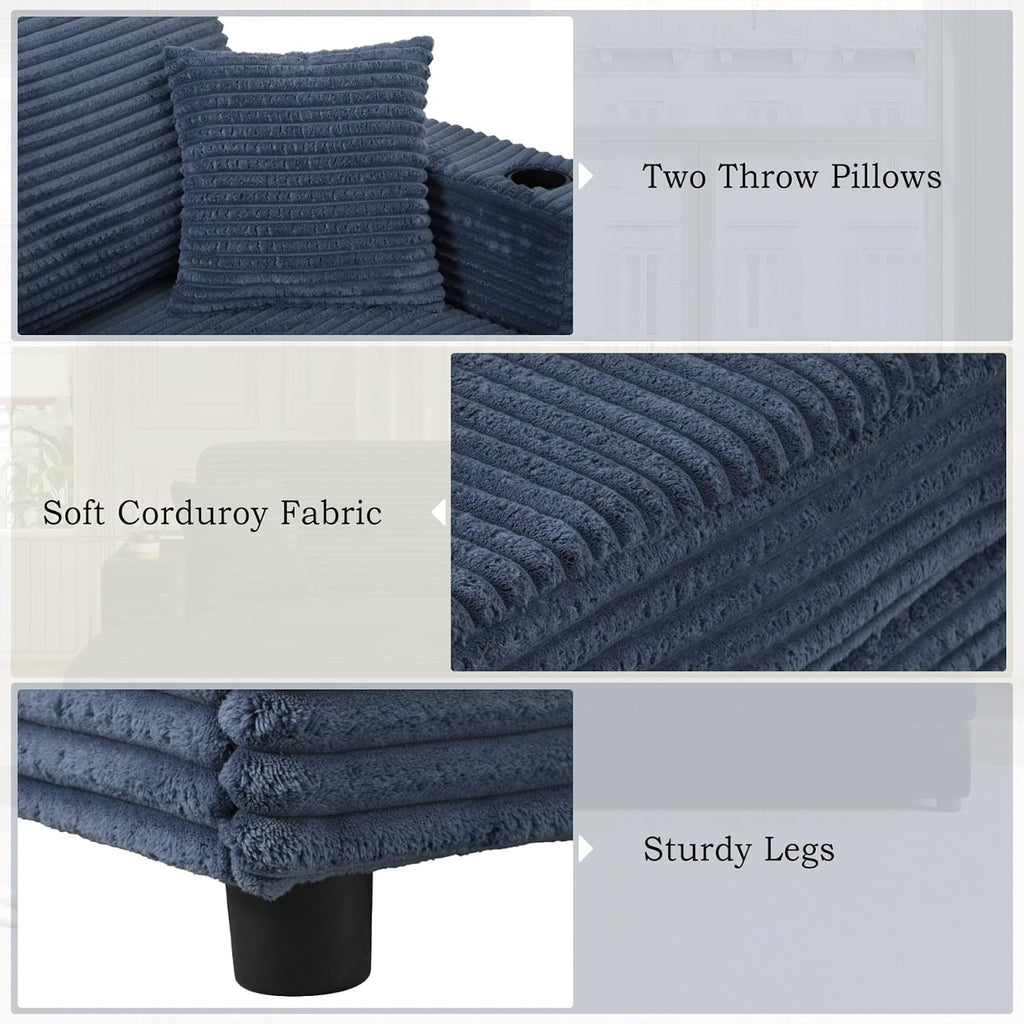 Merax 86.5' W*62' L Oversized Sleeper Sofa Bed, Corduroy Upholstery Sectional Couch Loveseat Chaise Lounge with 2 Throw Pillows, USB Ports, Cup Holders for Living Room and Bedroom, Blue