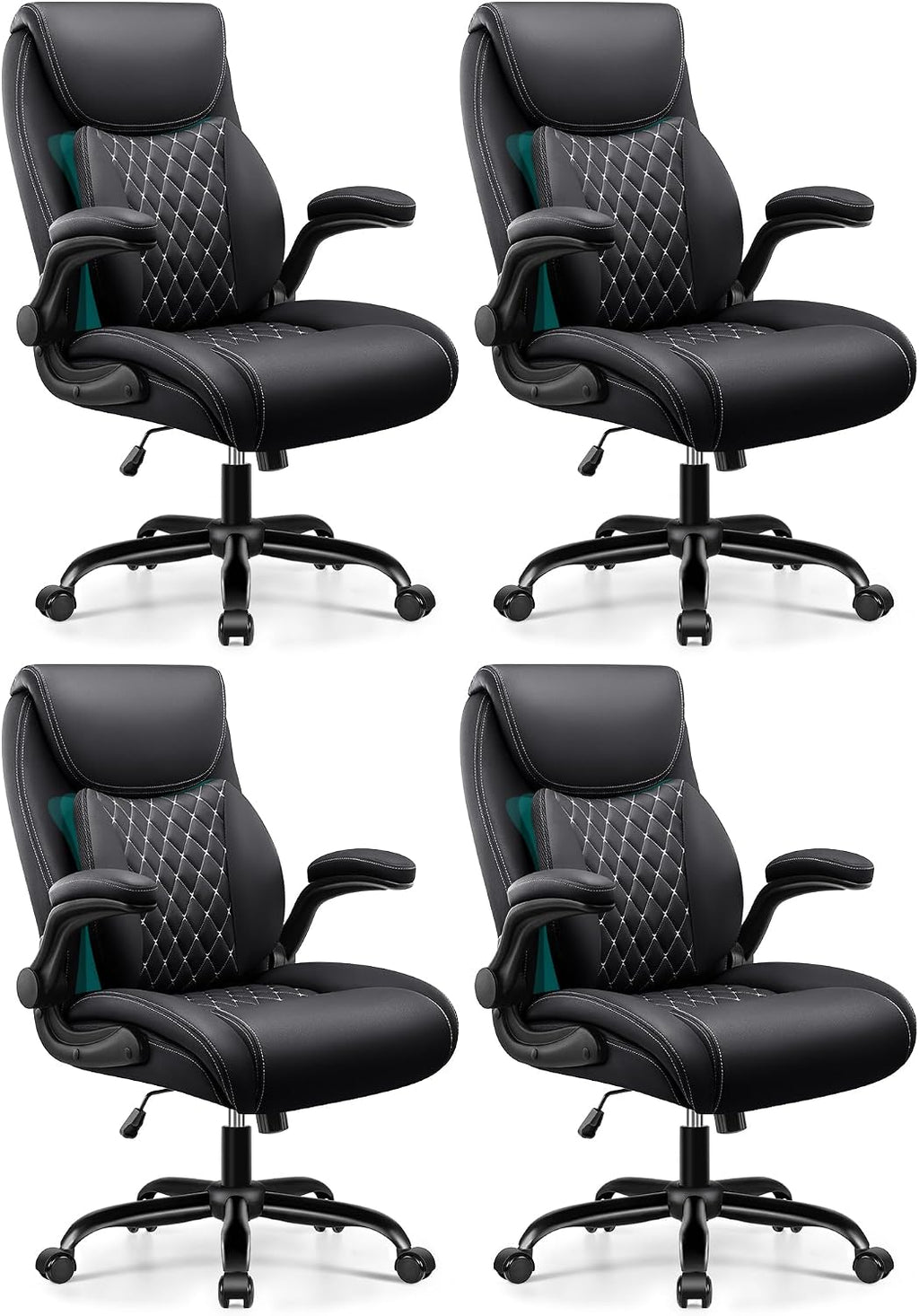 BESTFAIR Office Chair, Ergonomic Computer Desk Chairs with Lumbar Support for Lower Back Pain Relief, Executive Leather Home Chair Comfy with Padded Flip-up Armrests, Black, 4-Pack