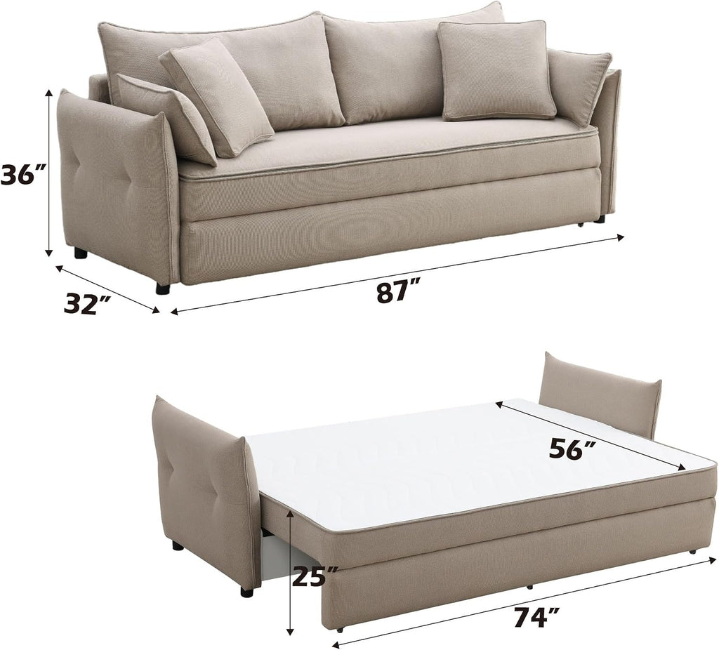Acme Irina Fabric Upholstered Sofa with Full Size Sleeper and 4 Pillows in Beige