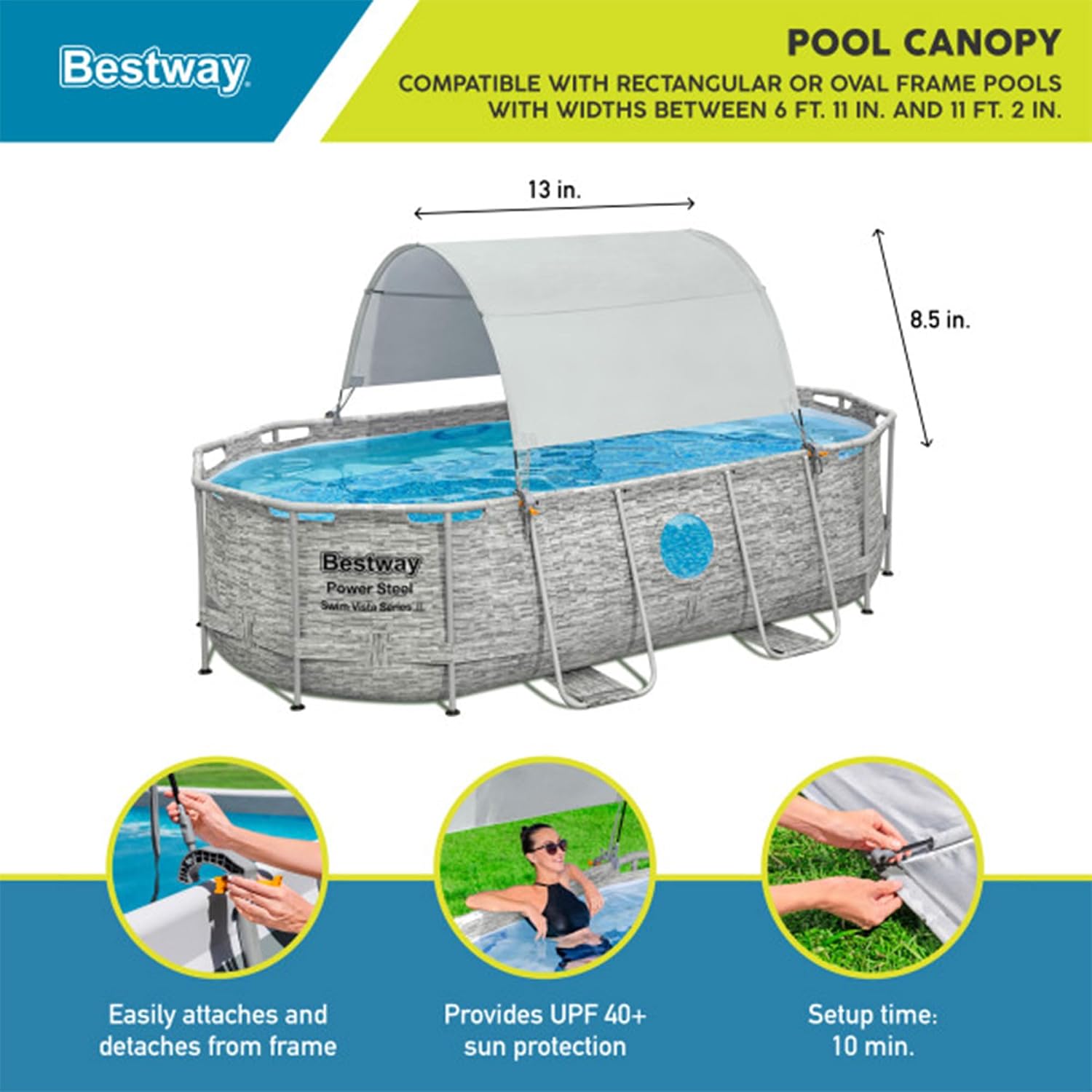 Bestway Flowclear Pool Canopy for 6' 11' to 11' 2' Above Ground Outdoor Oval or Rectangular Swimming Pools with UPF 40 Plus Sun Protection, Gray