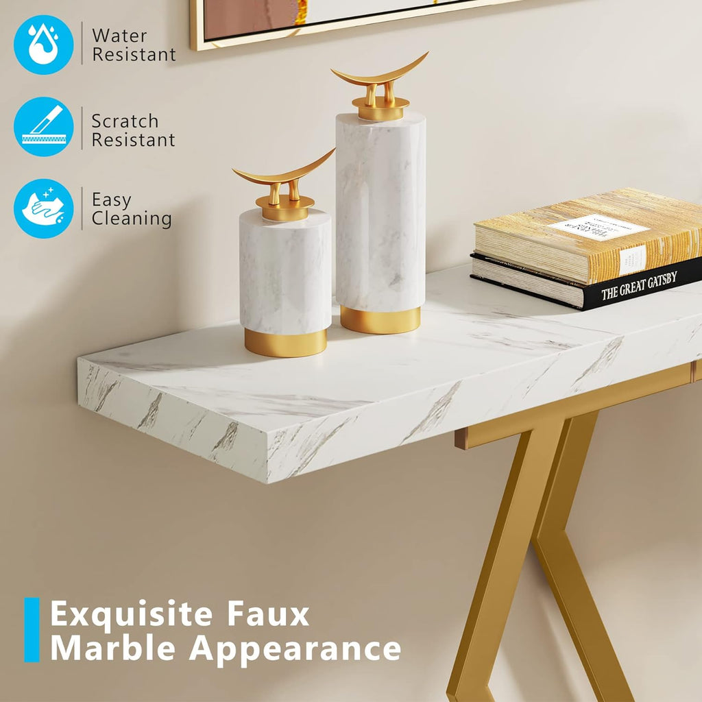 Tribesigns 70.9 Inch Extra Long Sofa Table， White and Gold Console Table with Faux Marble Tabletop, Modern Long Entryway Table with Gold Frame