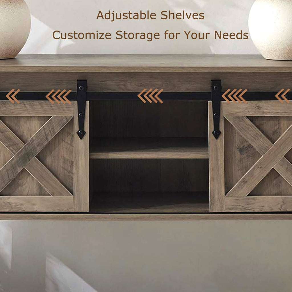 Farmhouse Entryway Table with Sliding Barn Doors, Wood Console Table with Storage Shelf, Rustic Sofa Table for Living Room, Entryway, Foyer, Grey
