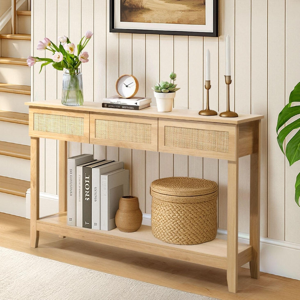 Karl home Console Table, Rattan Entryway Table with Storage Narrow Long, w/3 Drawers & Storage Shelf, Sofa Table Foyer Hallway Behind Couch Table for Living Room, Natural Wood