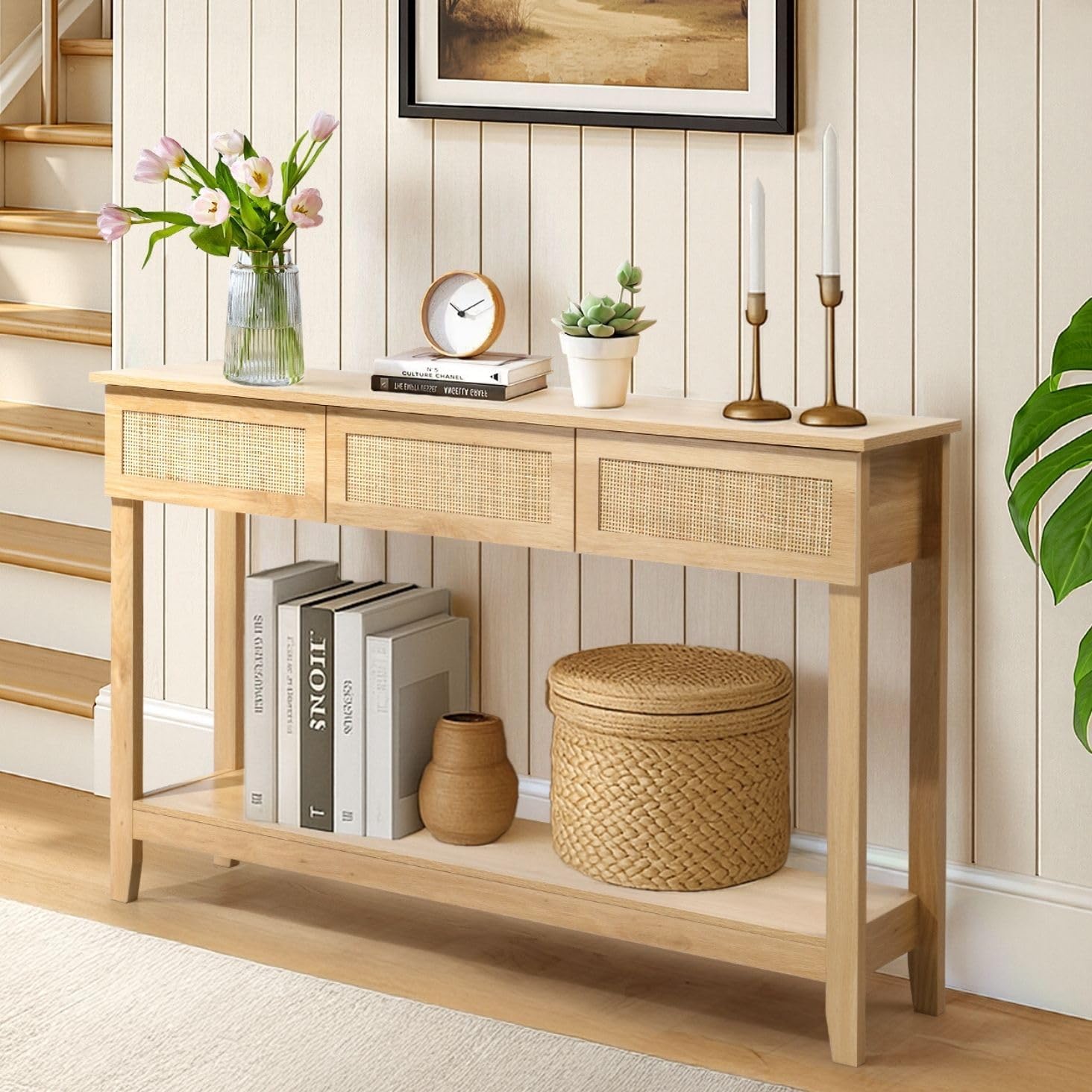 Karl home Console Table, Rattan Entryway Table with Storage Narrow Long, w/3 Drawers & Storage Shelf, Sofa Table Foyer Hallway Behind Couch Table for Living Room, Natural Wood