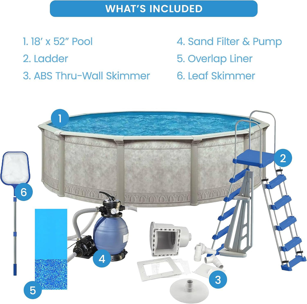 Aquarian Steel-Frame Above-Ground Pool Kit w/Pump & Leaf Skimmer, Venetian, 18'