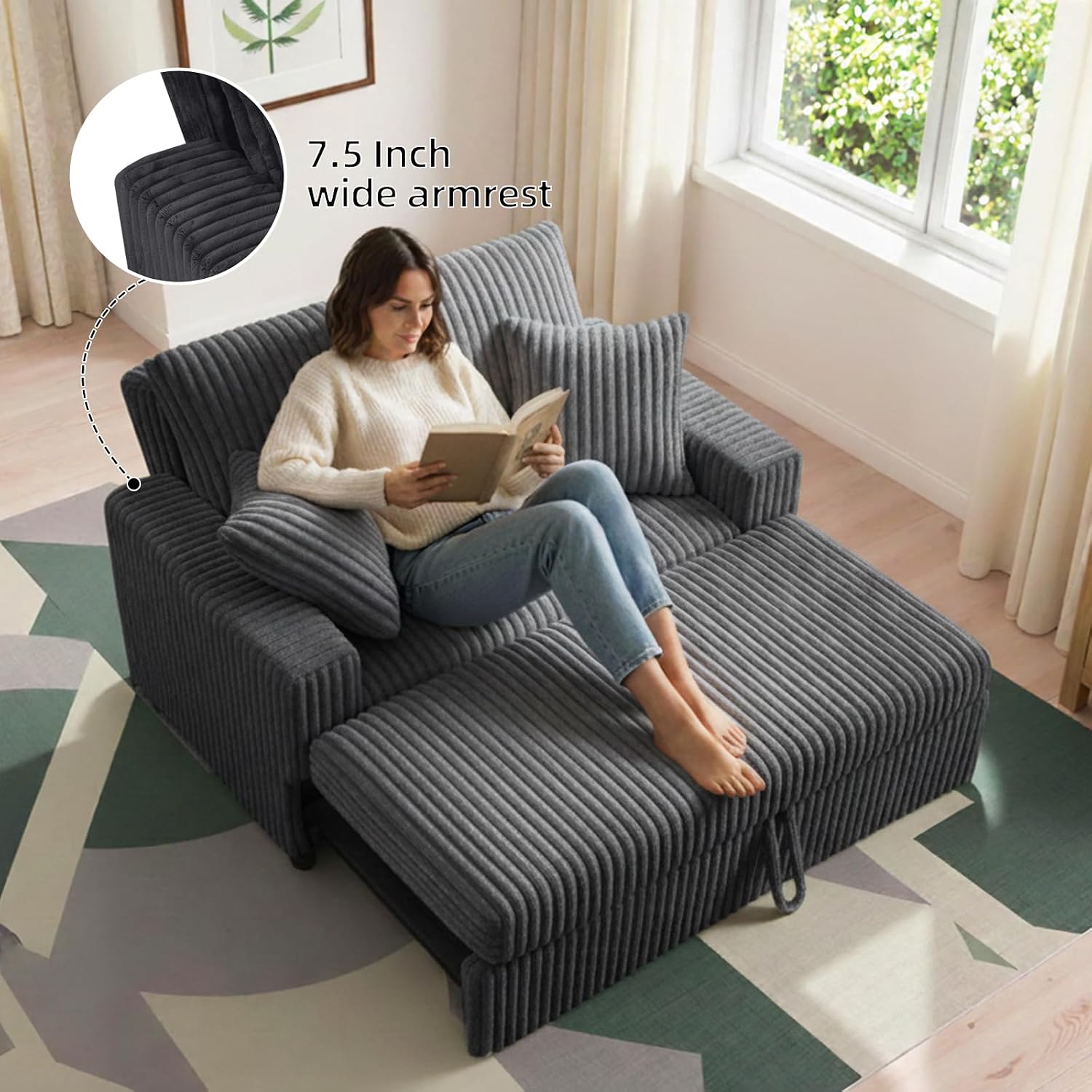 3 in 1 Convertible Sofa Bed，52.8' Pull Out Couch with Side Pockets，Modern Corduroy Fabric Loveseat Sleeper Sofa with Adjustable Backrest for Living Room Bedroom Apartment (Gray Corduroy)