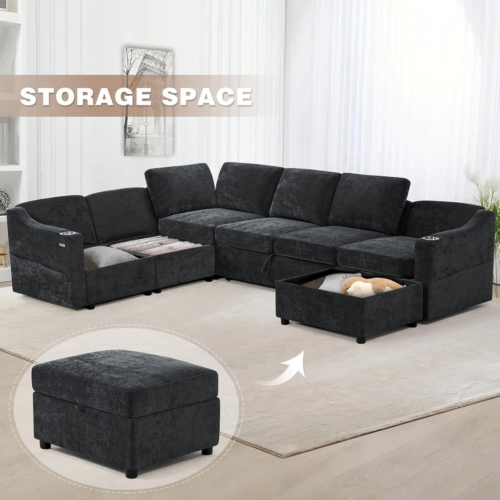 116' Chenille Modular Sofa Bed w/Adjustable Backrests, U-Shape Sleeper Sofa w/USB Ports & Storage Space, Convertible Corner Sectional Couch w/Pull Out Bed for House, Living Room, Black